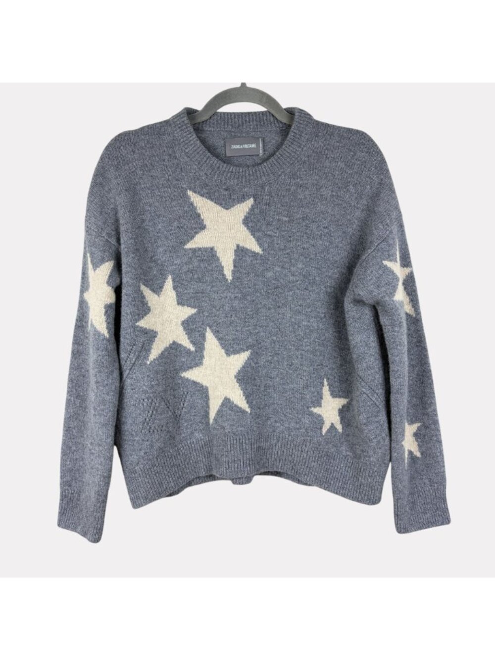 Zadig & Voltaire Markus C Star Cashmere Sweater Womens Small Gray Cream Crew - Picture 9 of 9